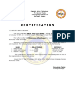 Certification: Republic of The Philippines Province of Tarlac Municipality of Moncada Barangay Burgos