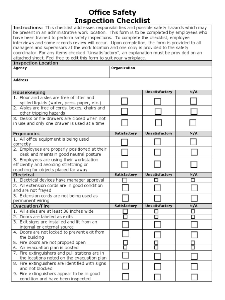 Office Safety Inspection Checklist | PDF | Aisle | Safety