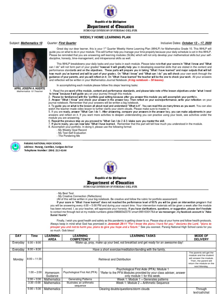 Math 10 Weekly Home Learning Plan - Final | PDF | Polynomial | Sequence