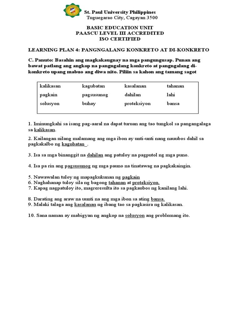Learning Plan 4 C Pangngalang Konkreto at Di-Konkreto | PDF