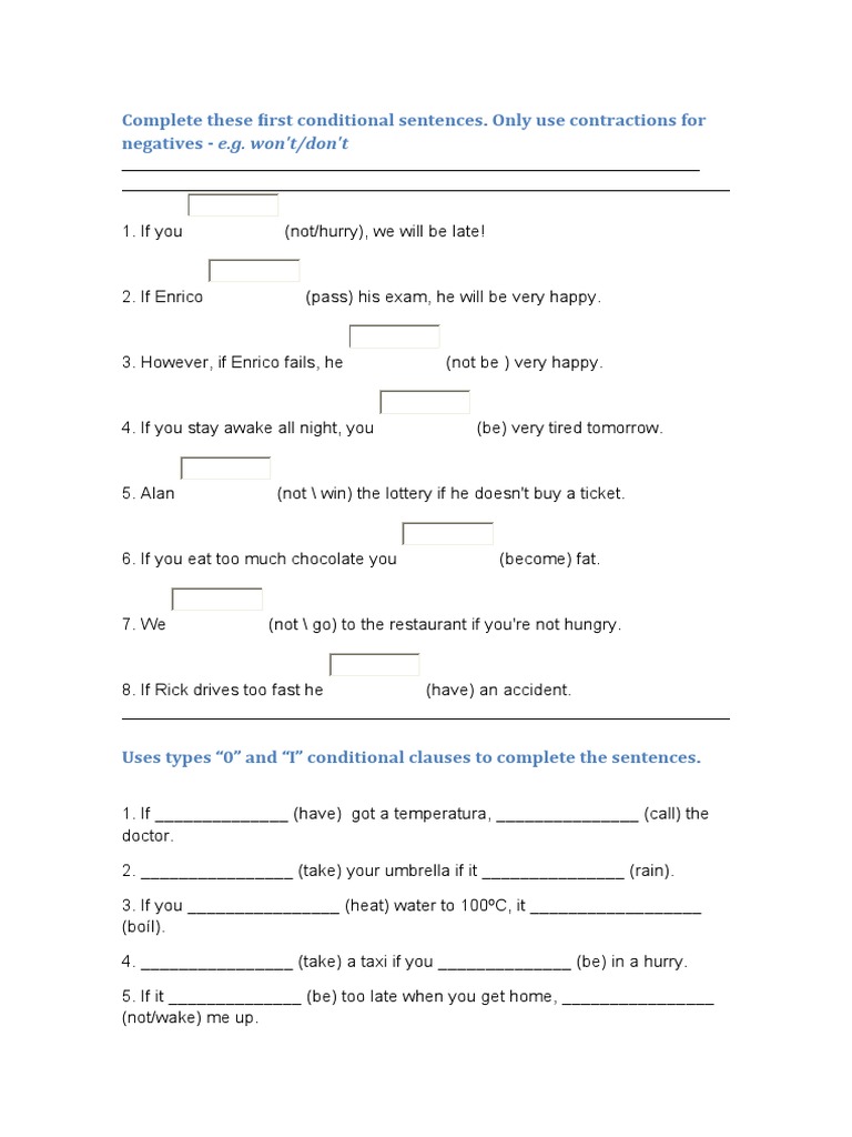 Complete These First Conditional Sentences. Only Use Contractions For ...