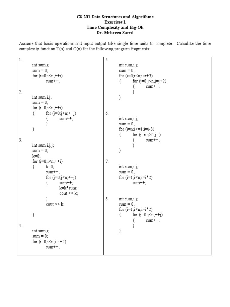 CS 201 Data Structures and Algorithms Exercises 1 Time Complexity and ...