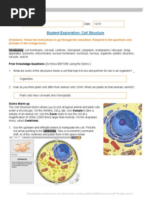 Cell Structure Gizmo Pdf Eukaryotes Organelle