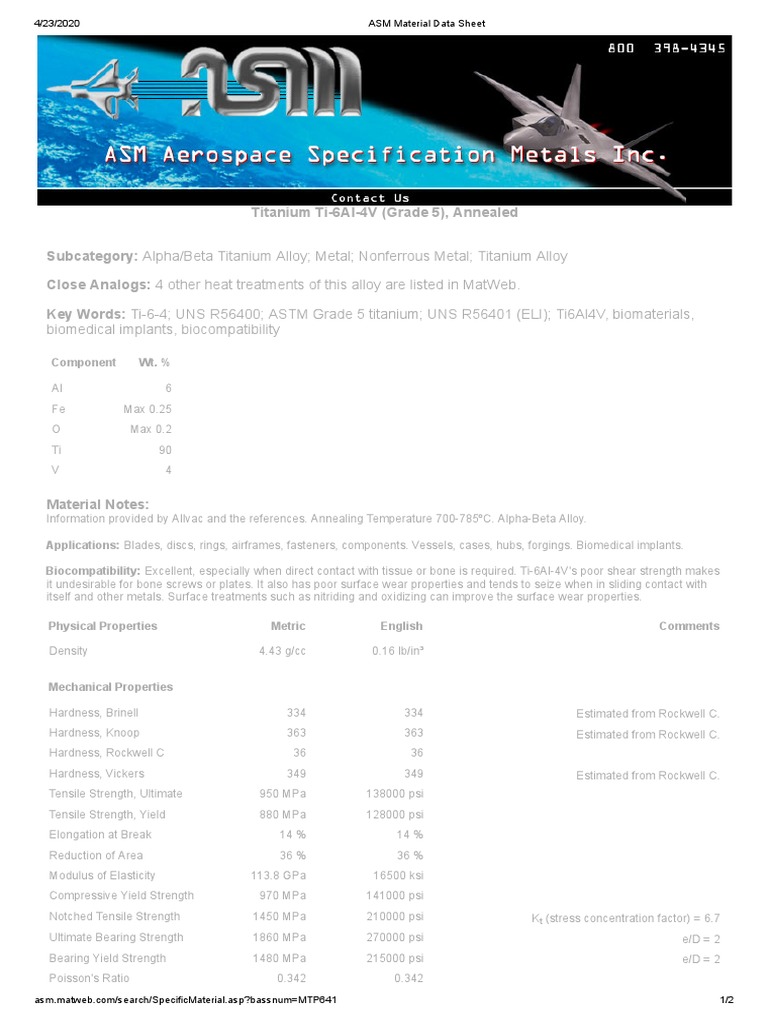 ASM Material Data Sheet | PDF | Strength Of Materials | Chemistry