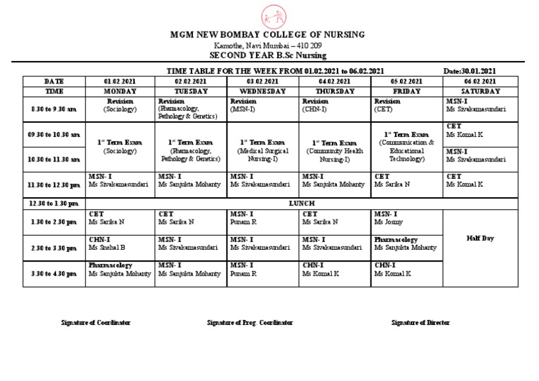 Second Year B.SC NSG Time Table For 1st WEEK FEBRUARY 2021 | PDF ...