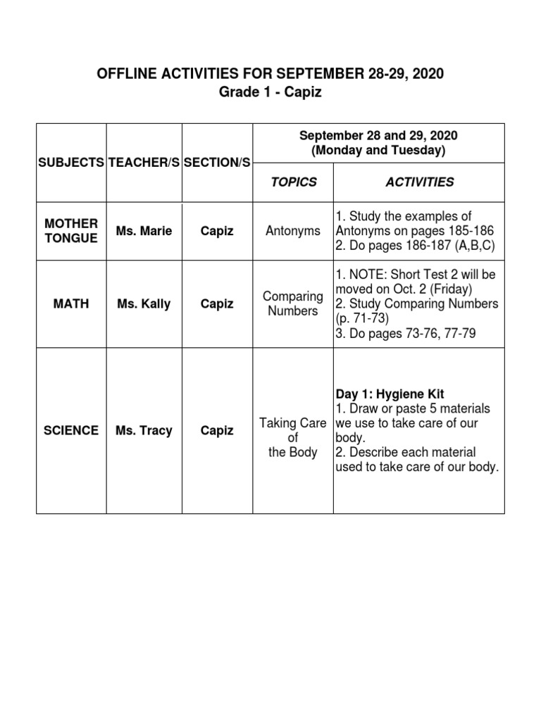 Offline Activities For September 28-29 | PDF