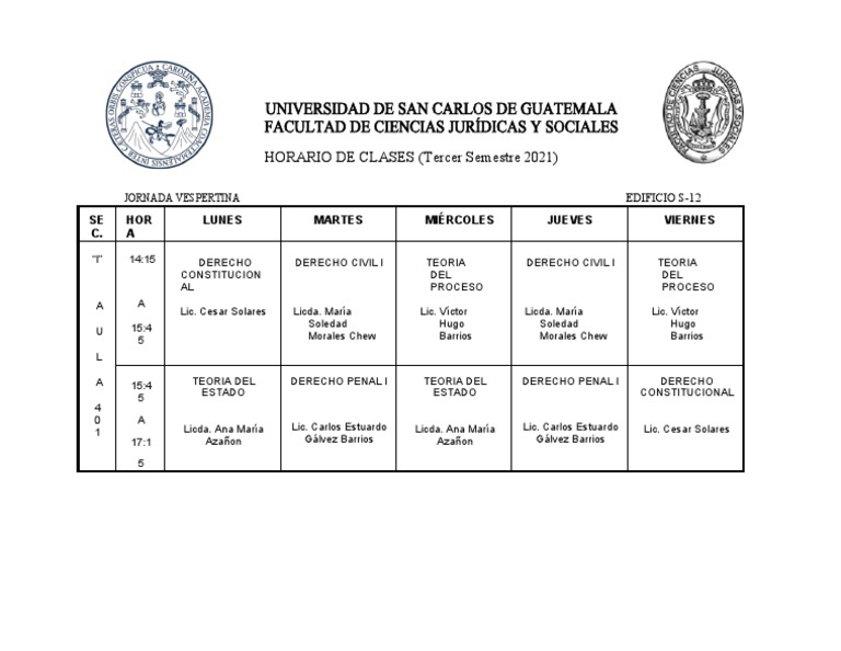 TERCER SEMESTRE SECCION I. Horario USAC PDF