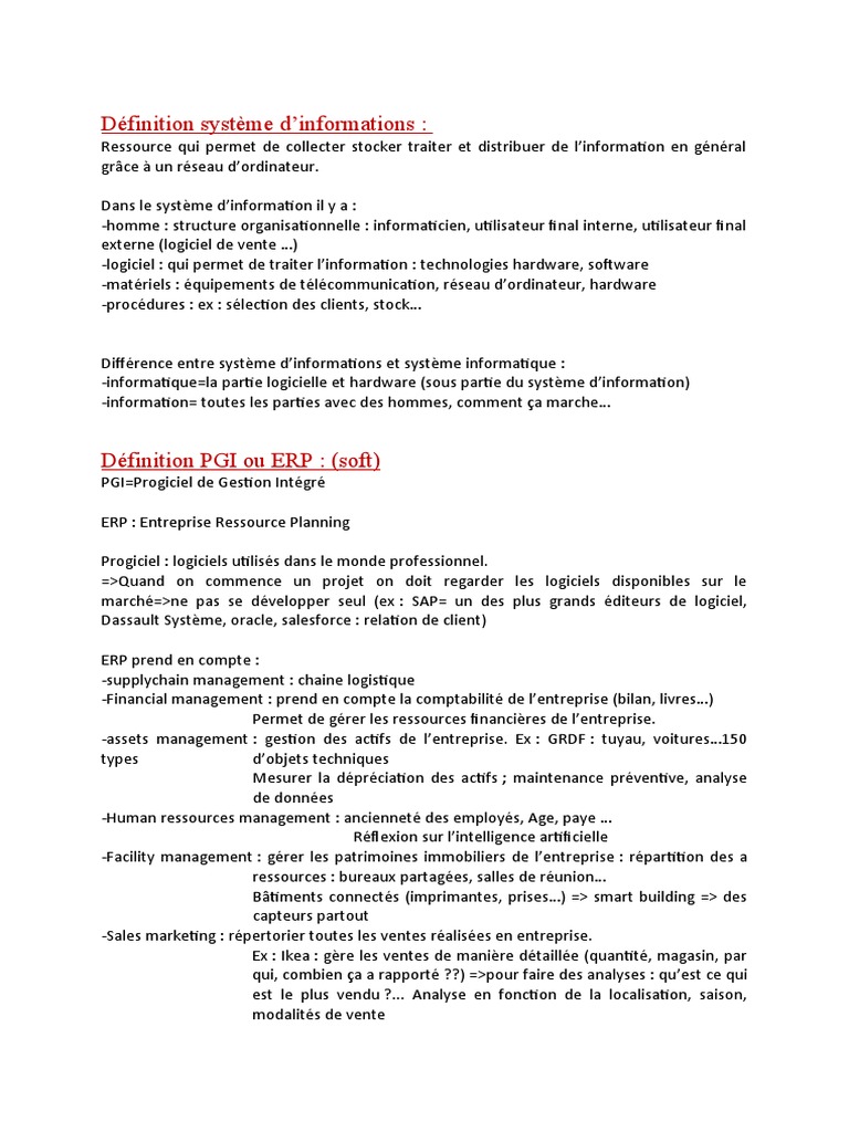 Système d'Informations et ERP Définis | PDF | Progiciel de gestion ...