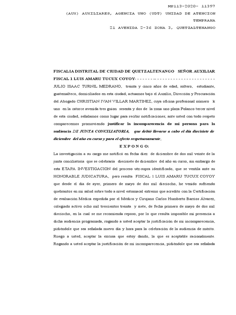 Excusa Inasistencia A Audiencia Penal | PDF | Guatemala | Ley procesal
