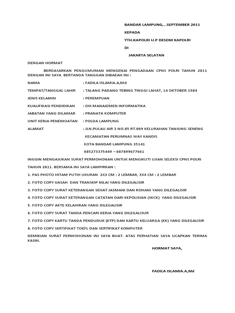 Surat Lamaran Cpns Polri Pdf