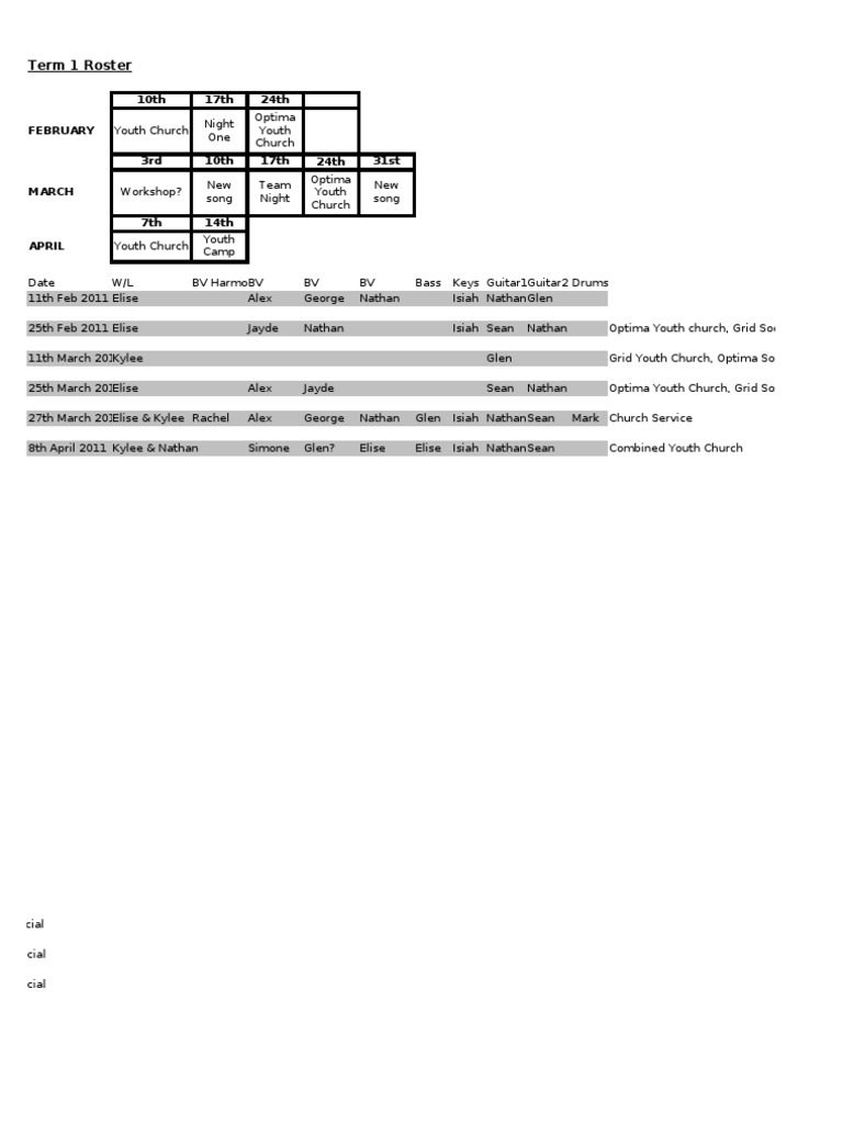 Youth Church Roster and Schedule | PDF