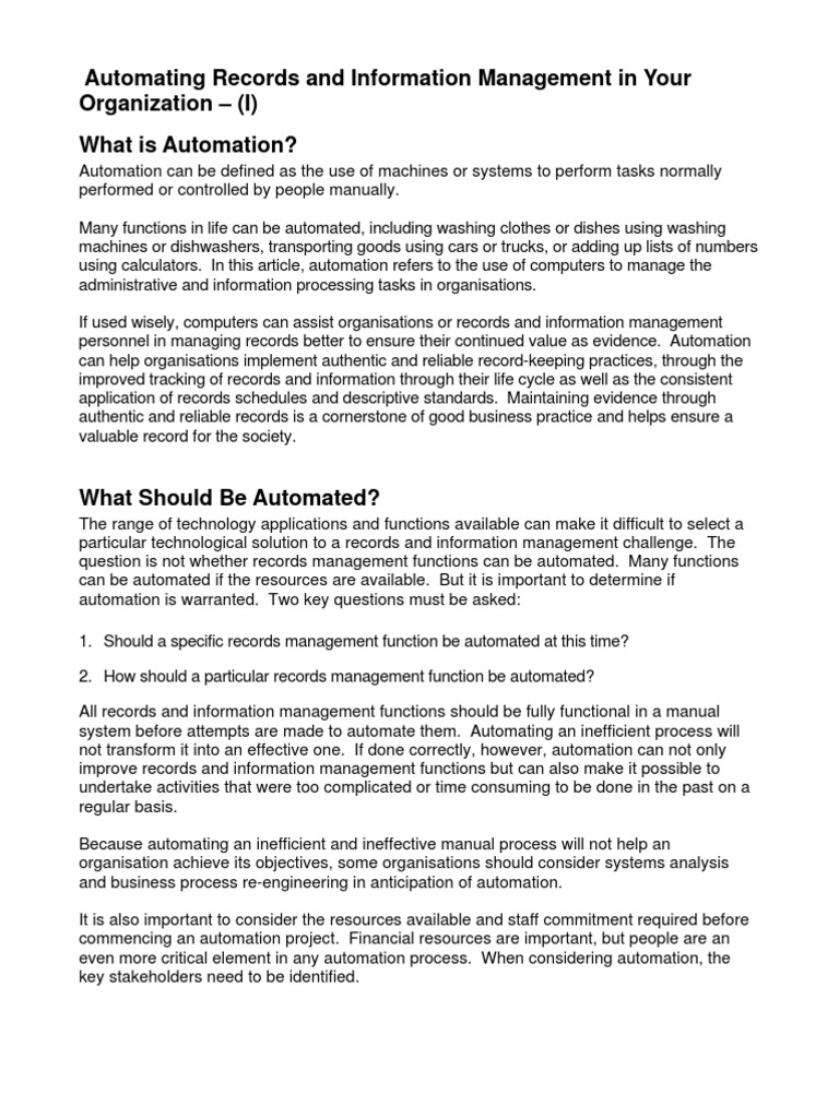 Automating Records and Information Management in Your Organization I