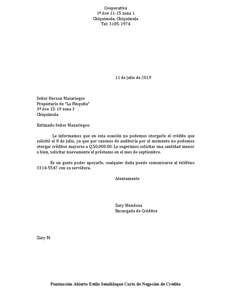 Carta de Negación de Créditos PDF