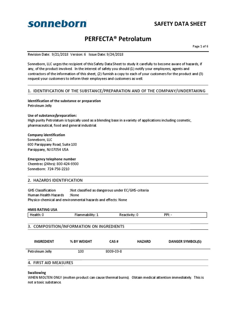 SDS Sonneborn PERFECTA Petrolatum 092018 PDF Fires Firefighting