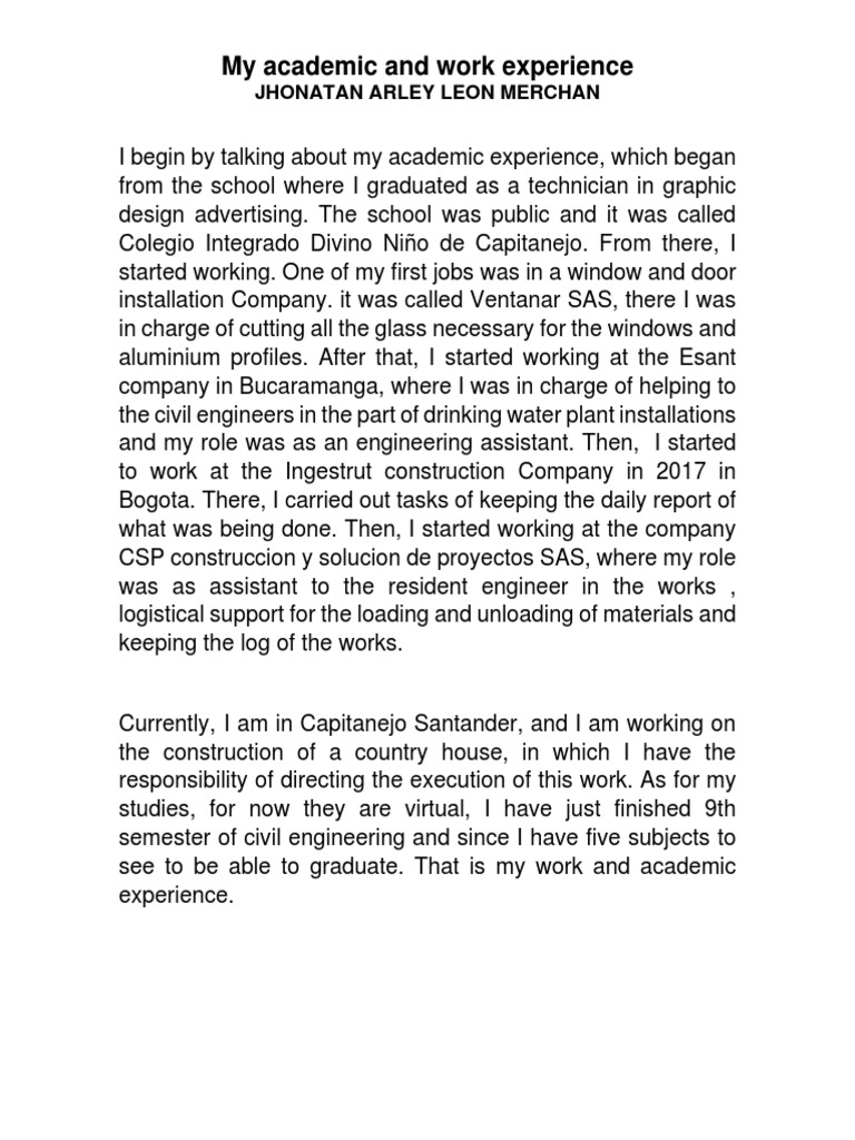 My Academic and Work Experience | PDF | Career & Growth