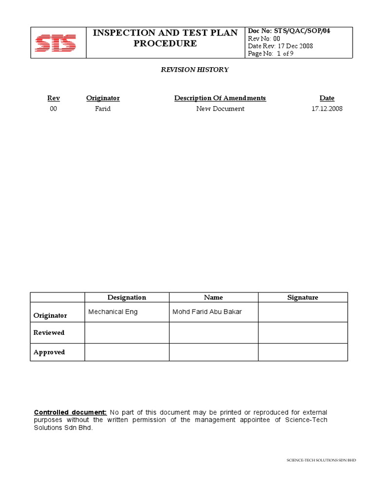 Inspection and Test Plan Procedure | PDF | Specification (Technical ...