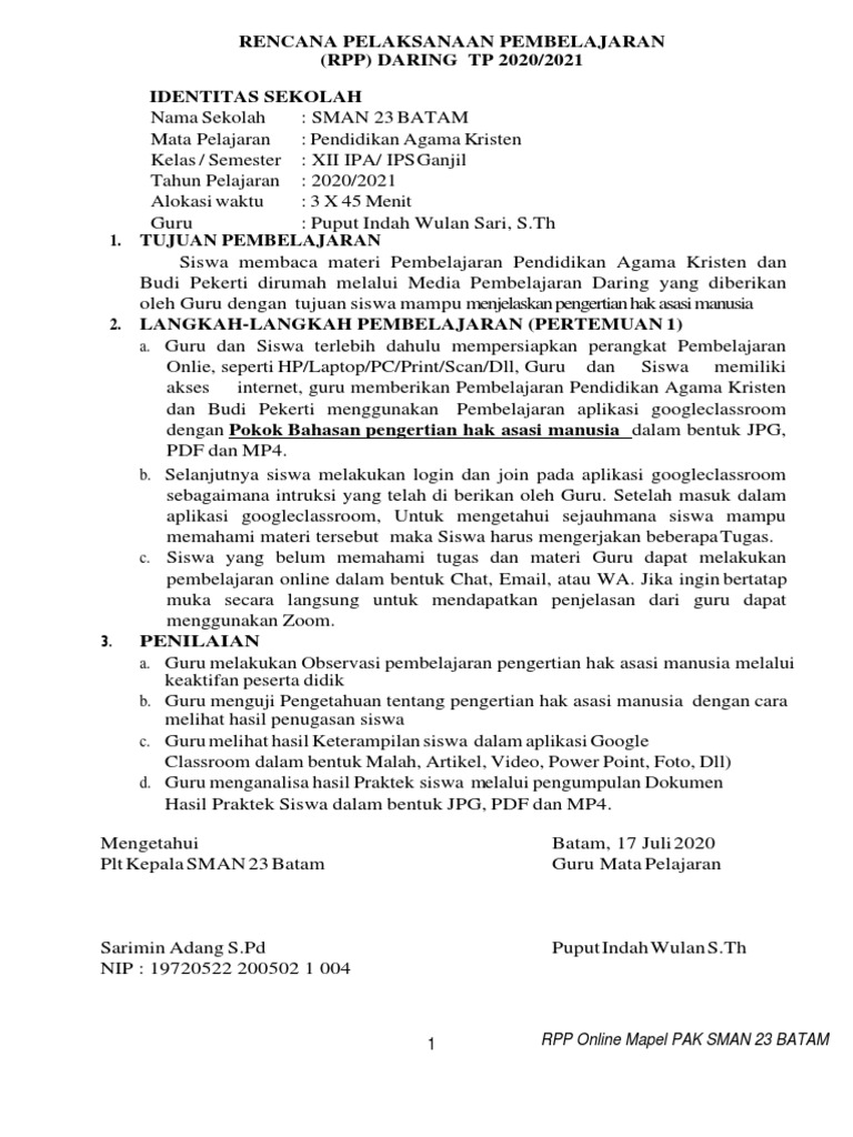 RPP Daring PAK SMAN 23 Batam 2020 | PDF | Karier & Perkembangan | Ilmu ...
