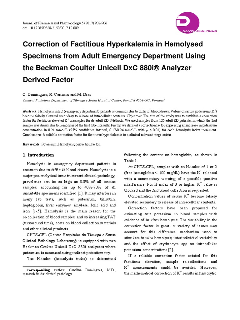 Correction of Factitious Hyperkalemia in Hemolysed Specimens From Adult