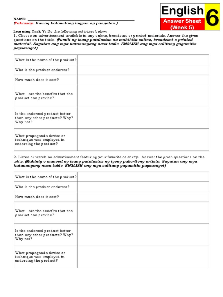 English 6 Answer Sheet Q2w5 PDF Communication Media Manipulation
