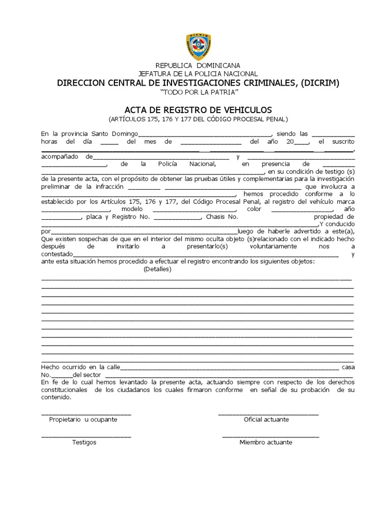 Acta de Registro de Vehículos Policial | PDF | Justicia | Crimen y ...