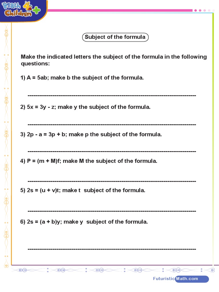 Subject of Formula Worksheet | PDF | Teaching Mathematics