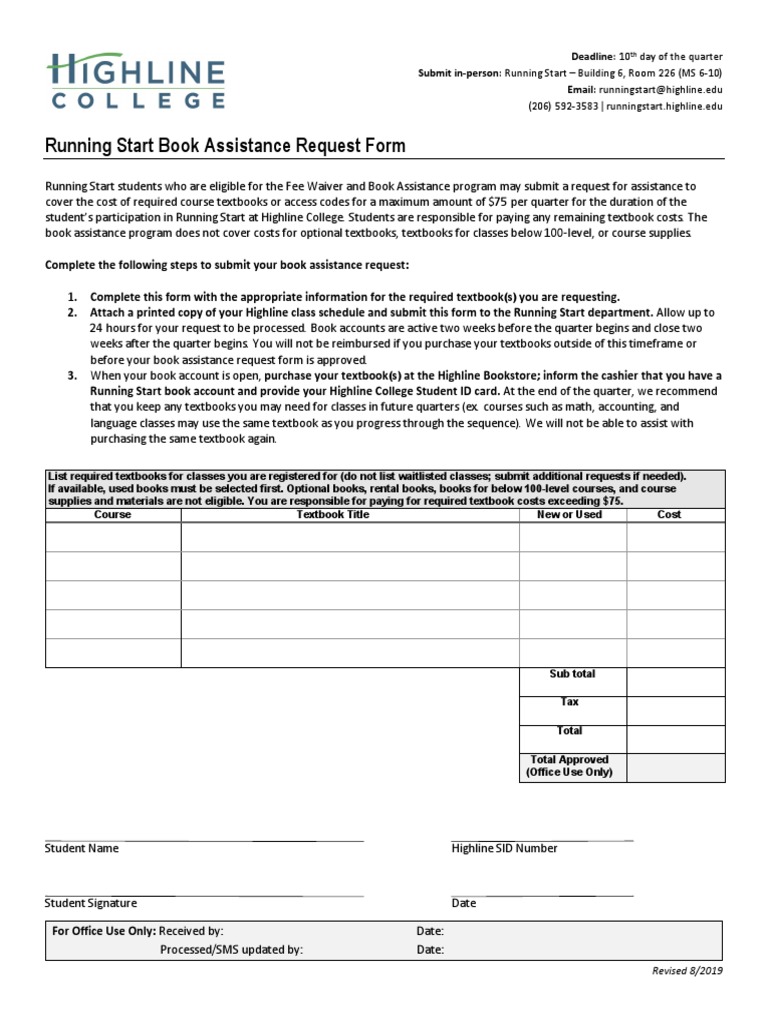 Running Start Book Assistance Request Form | PDF | Textbook | Books