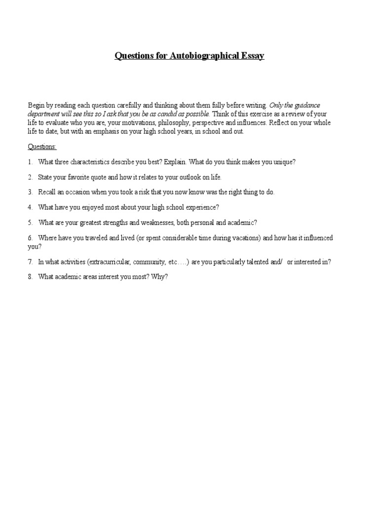 Autobiographical Essay Guidance Questions | PDF | Psychological ...