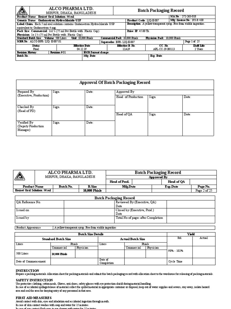 Emiset Oral Solution Batch Packaging Record | PDF | Packaging And ...