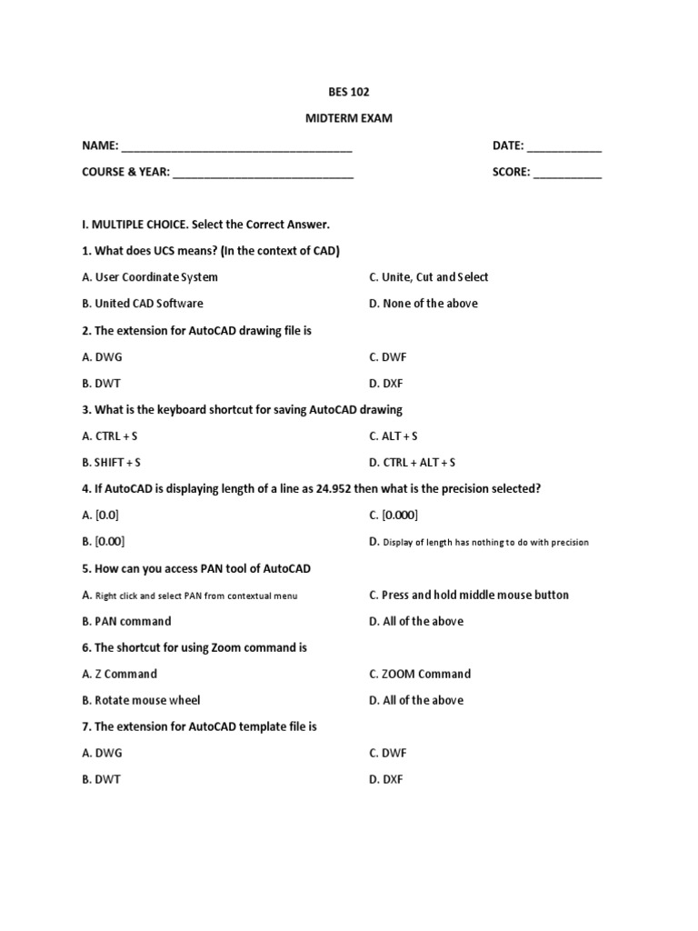 Bes 102 - Midterm Exam | PDF | Auto Cad | Cartesian Coordinate ...