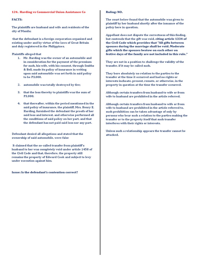 Harding v. Commercial Union Case Summary | PDF | Marriage | Wife