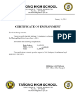 Tañong High School: Certificate of Employment