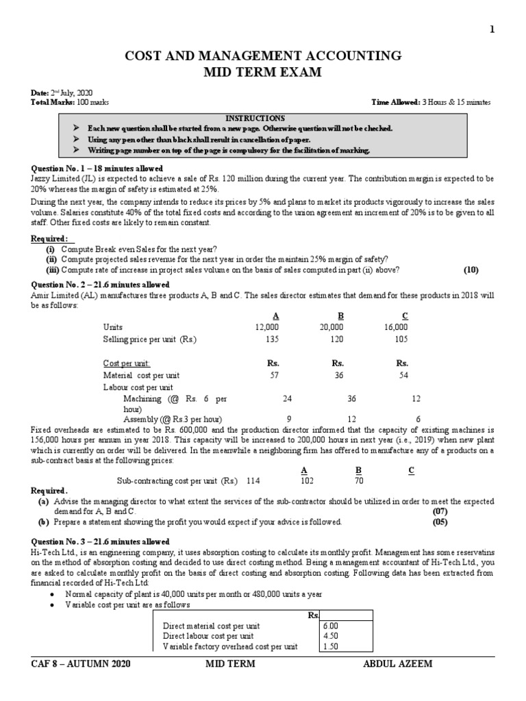 CAF 8 - Final Mid Term Question Paper | PDF | Depreciation | Net ...