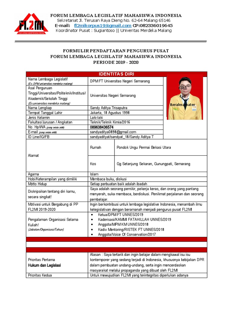 Pendaftaran Pengurus FL2MI 2019-2020 | PDF