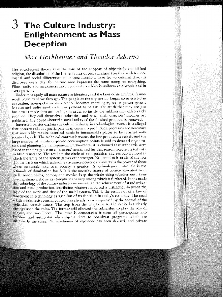 3Hork and AdornoThe Culture IndustryEnlightenment As Mass Deception PDF