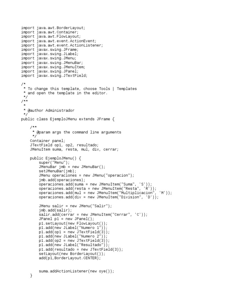 Interfaz Gráfica con JMenu en Java | PDF