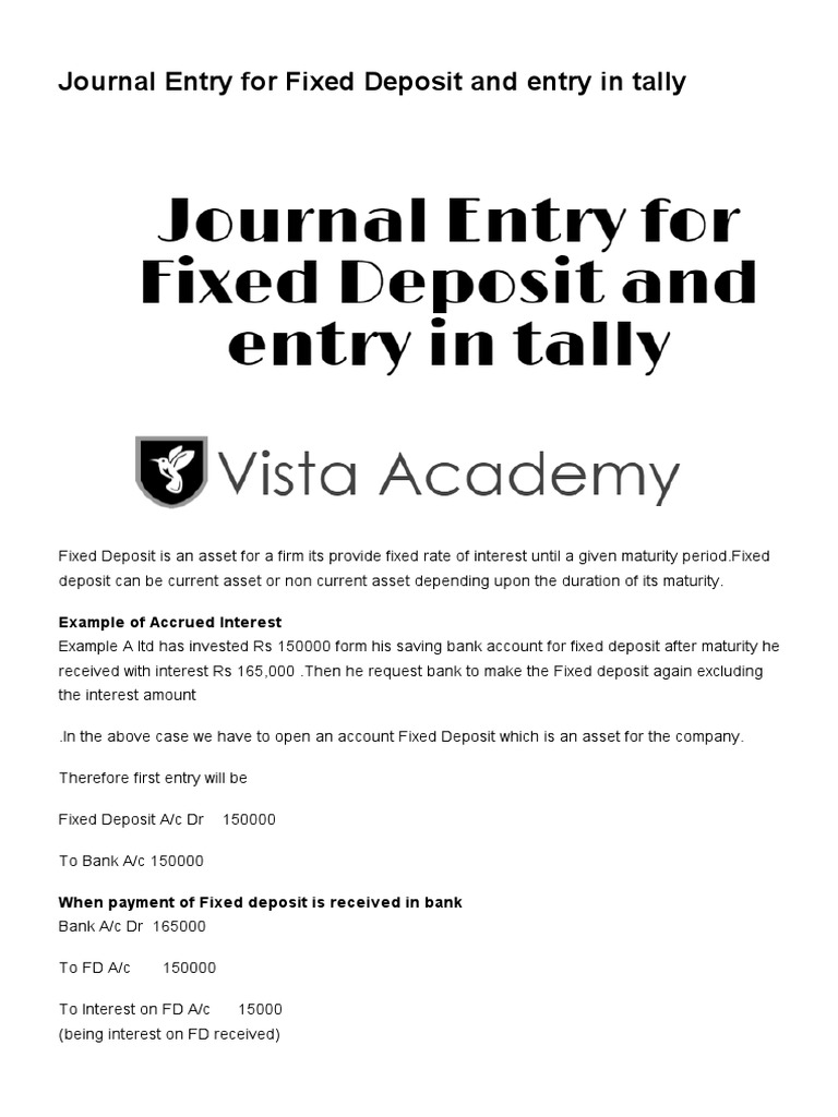 Tally Journal Entries for Fixed Deposits | PDF | Deposit Account ...