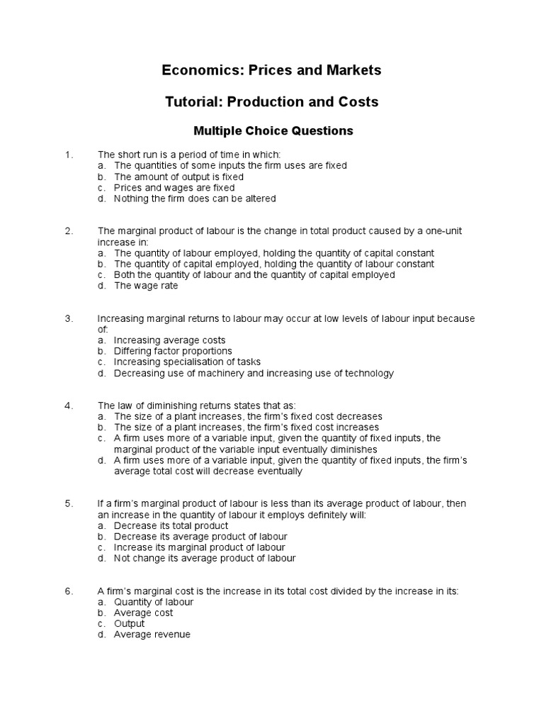 Tutorial MC Production and Costs | PDF | Average Cost | Labour Economics