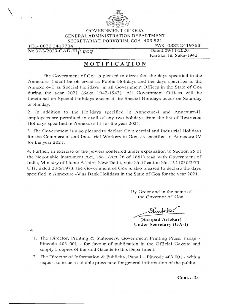 Goa Government Holiday Schedule 2021 | PDF | Sikhism