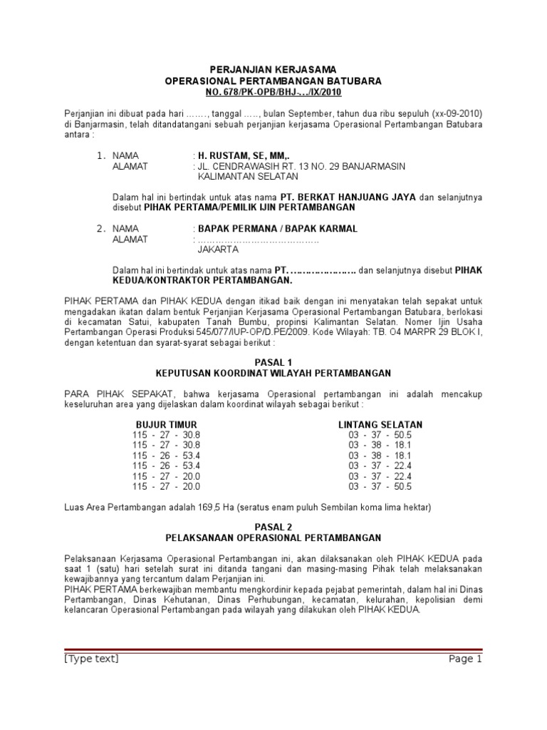 PERJANJIAN KERJASAMA OPERASIONAL PERTAMBANGAN