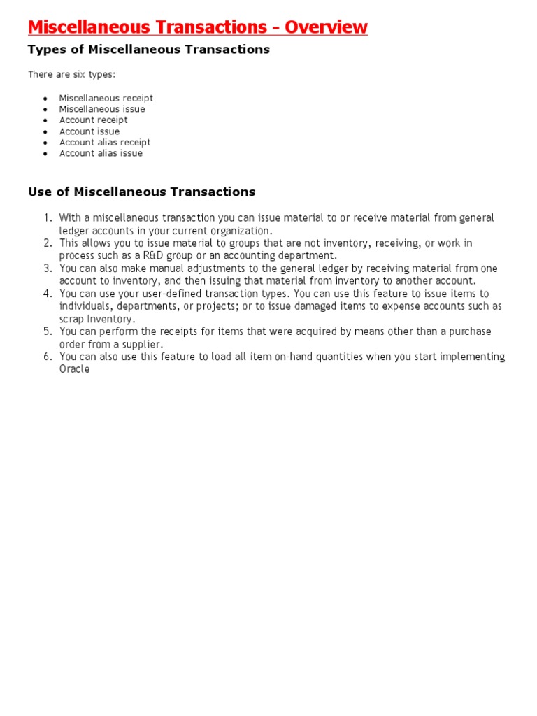 Overview of Miscellaneous Transactions | PDF