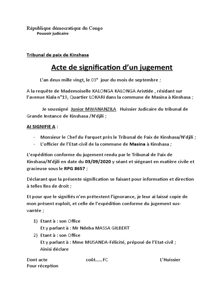 Acte de Signification Jugement  PDF  Greffier  Loi commune