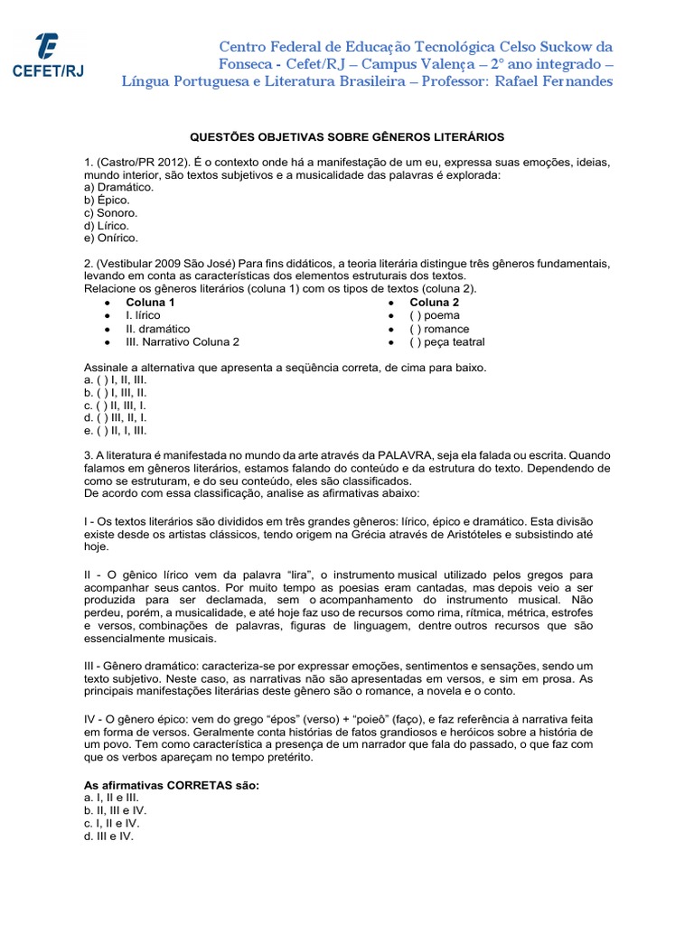 Questões Objetivas Sobre Gêneros Literários | PDF | Teatro | Poesia