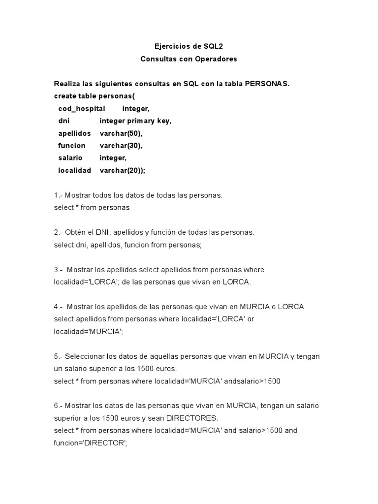 Ejercicios SQL2: Consultas y Ejemplos | PDF | SQL | Informática y ...