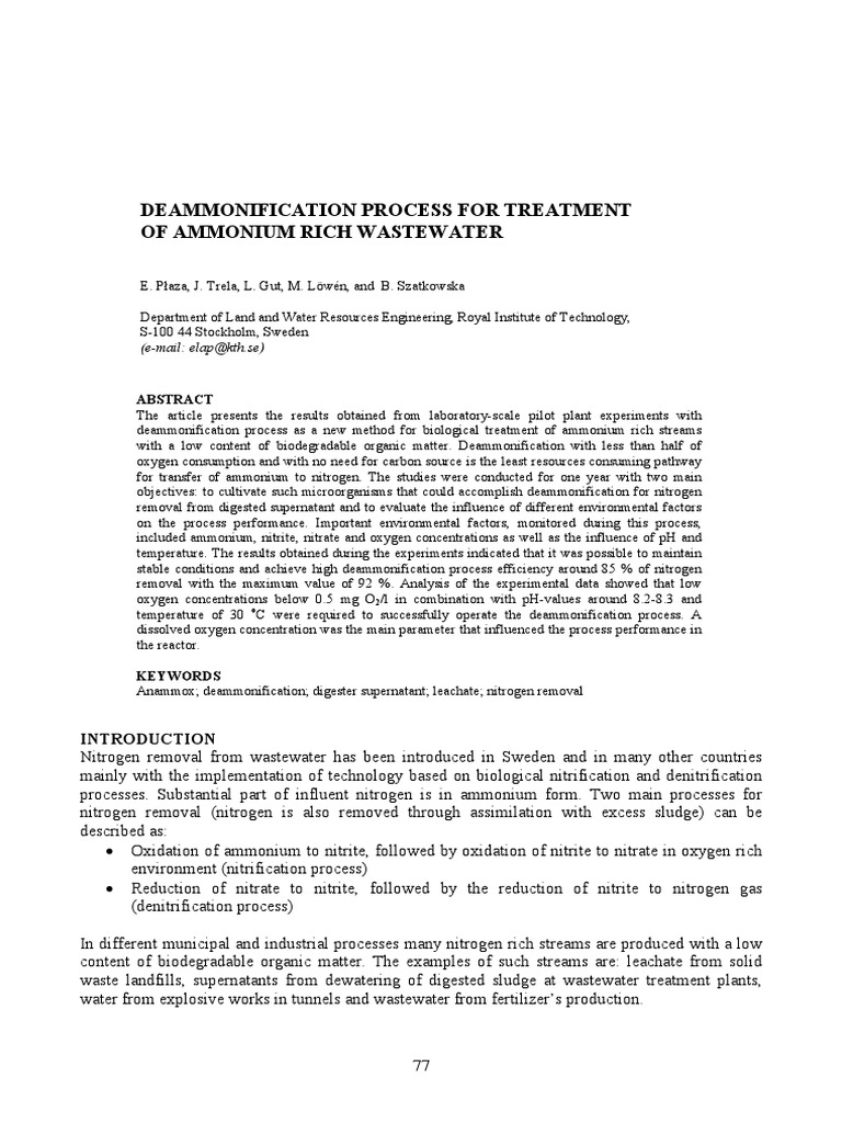 Deammonification for Ammonium Wastewater | PDF | Sewage Treatment | Nitrite