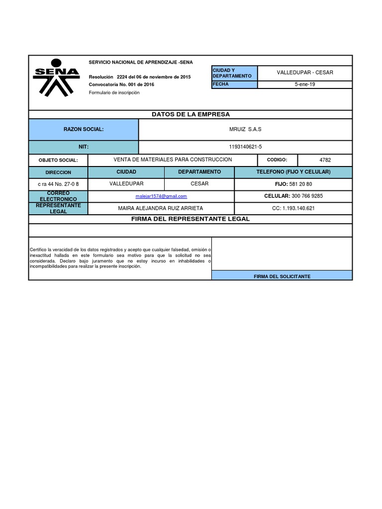 Formulario de Inscripción SENA 4782 | PDF