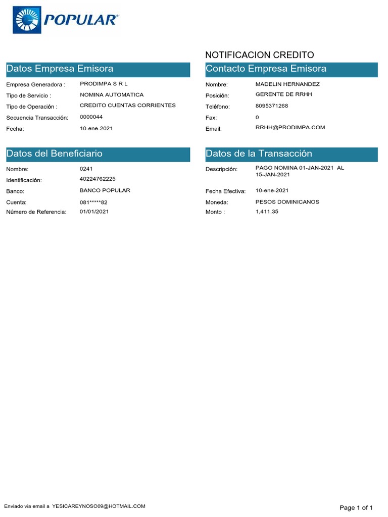 Prodimpa: Datos de Transacción y Contacto | PDF