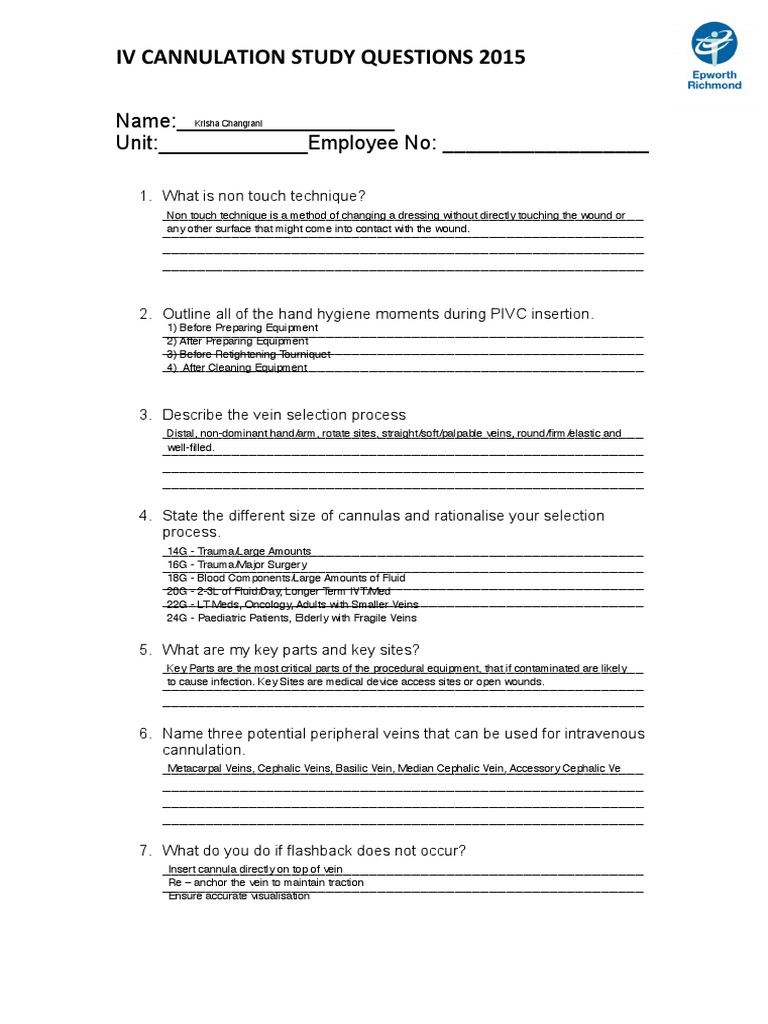IV Cannulation Study Questions Guide | PDF | Intravenous Therapy ...