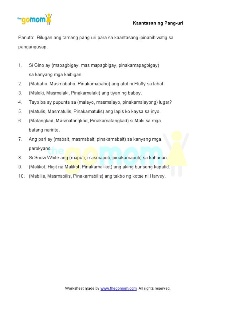 pang uri kaantasan 5 worksheets