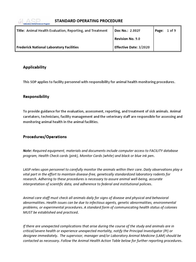 Standard Operating Procedure | PDF | Veterinary Medicine | Laboratories