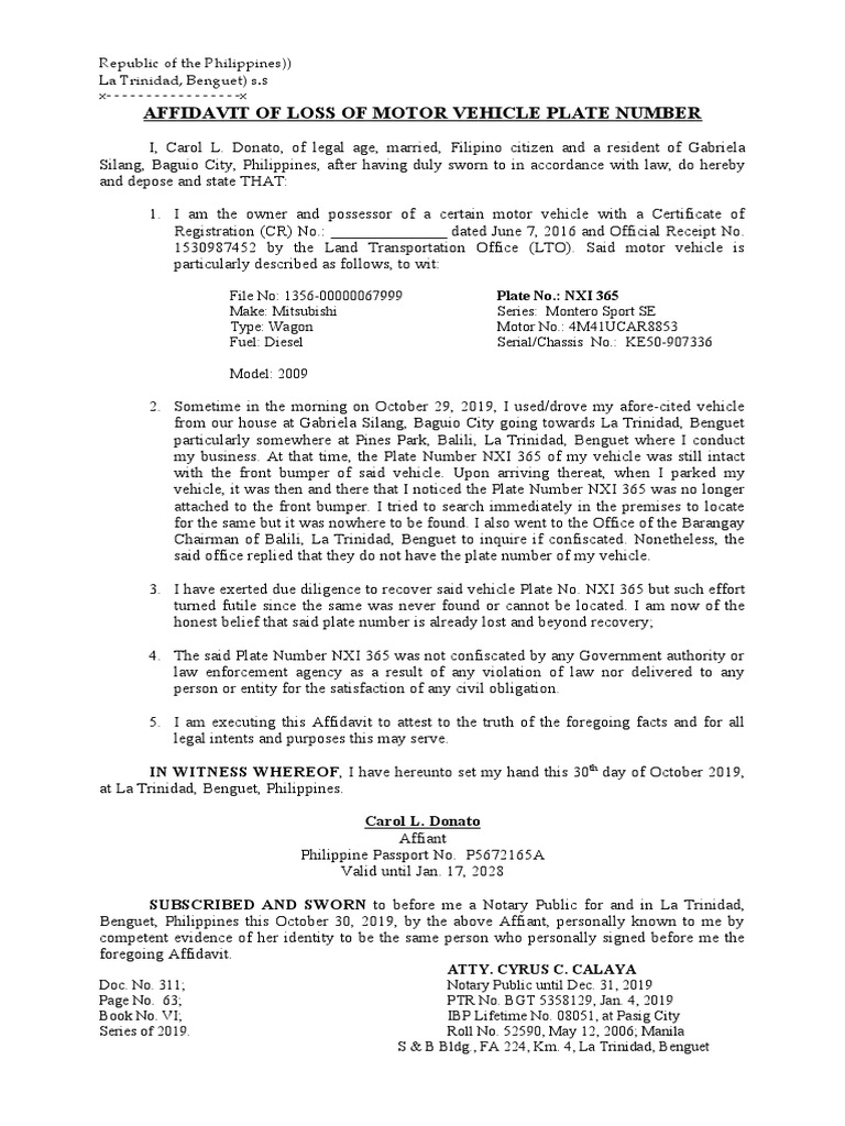 Affidavit of Loss of PLATE No. | PDF | Affidavit | Common Law